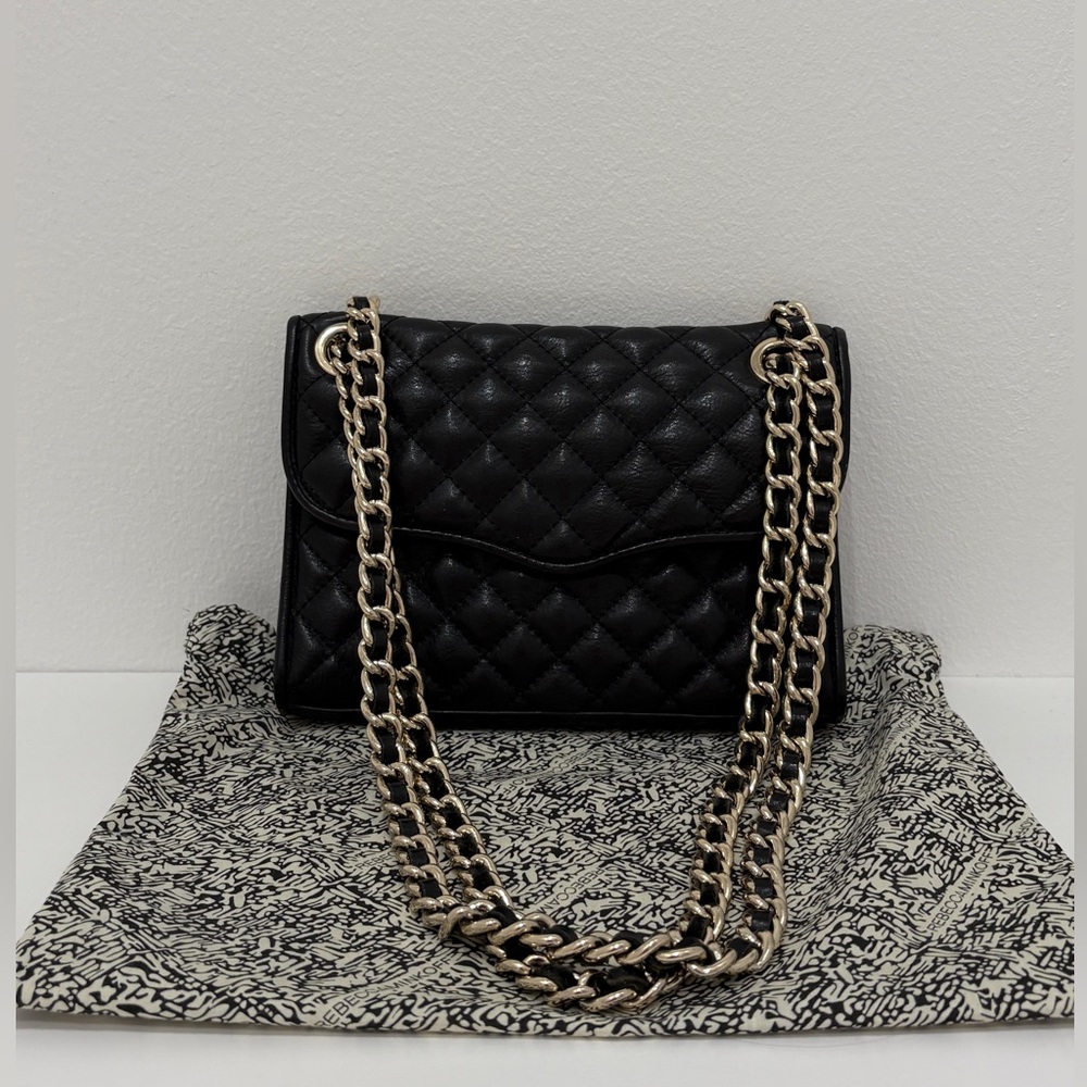 REBECCA MINKOFF Quilted Black Gold Leather Chain Shoulder Crossbody Bag